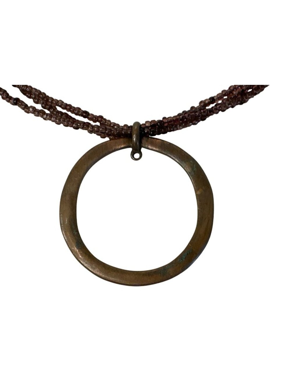 Seed Beaded Necklace Bronze-Tone Circle Pendant Boho Artsy Choker 17"
